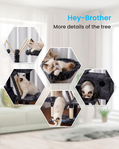 Hey-brother Cat Tree, 53 inch Cat Tower for Indoor Cats, Cat House with Padded Platform Bed, Toy Balls, Large Cozy Condo, Hammocks and Sisal Scratching Posts, Smoky Gray MPJ019-SG