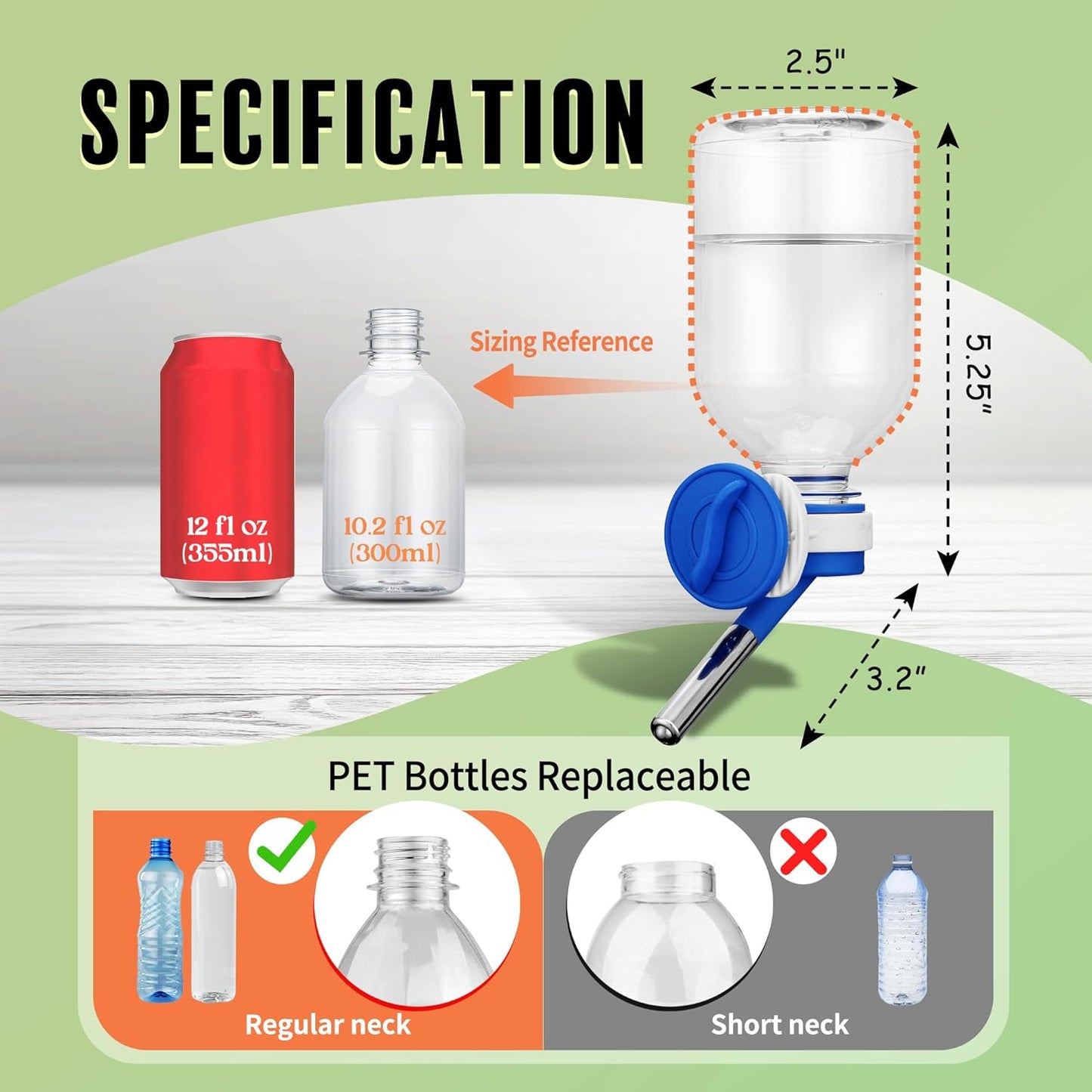 Choco Nose No-Drip Water Bottle Feeder for Guinea Pigs, Hamsters, Bunnies, Ferrets, & Small Pets, 10.2 fl.oz, 300ml - Easy to Install in Cages/Crates, US Patented Leakproof Nozzle 10mm, Blue (C128)