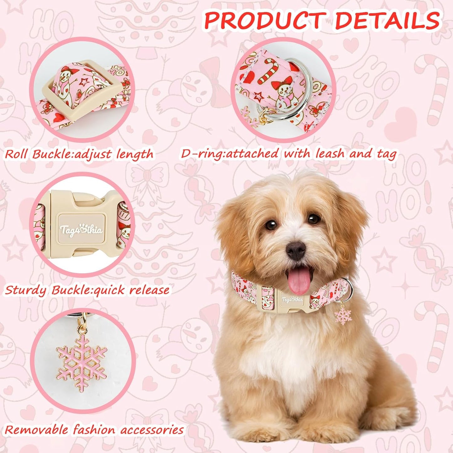 Medium Christmas Dog Collars, Adjustable Pink Dog Collars with Funny Snowman Pattern, Cute Dogs Christmas Collar Winter Puppy Holiday Collar for Girl Boy Dogs-M