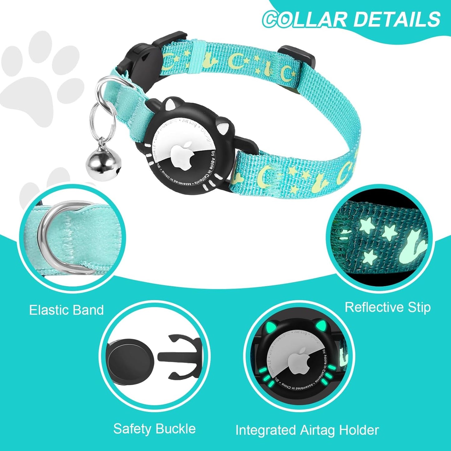 Cat Collar with Airtag Holder, Reflective Cats Collar Breakaway with Bell, Pet Tracker Compatible with Apple Air Tag for Kittens and Puppies, Blue, S(9-11 Inch)