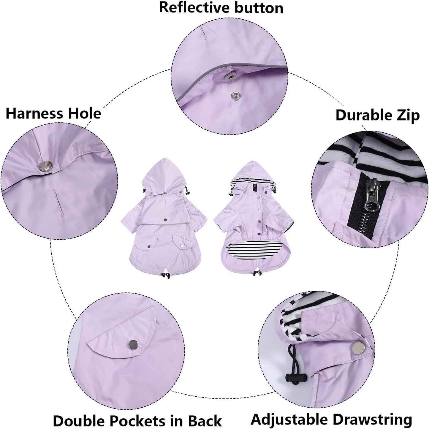Morezi Dog Zip Up Raincoat with Reflective Buttons, Rain/Water Resistant, Adjustable Drawstring, Removable Hood, Raincoats with Legs 8lbs to 80lbs Available - Purple - M