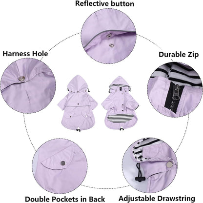 Morezi Dog Zip Up Raincoat with Reflective Buttons, Rain/Water Resistant, Adjustable Drawstring, Removable Hood, Raincoats with Legs 8lbs to 80lbs Available - Purple - M