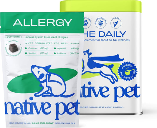 Native Pet Allergy Chews for Dogs (60 Air-Dried Chews) & Daily Dog Vitamins & Supplements (60 Scoops) - Itching Relief for Dogs & 11-in-1 Multivitamin with 21 Supplements & Vitamins