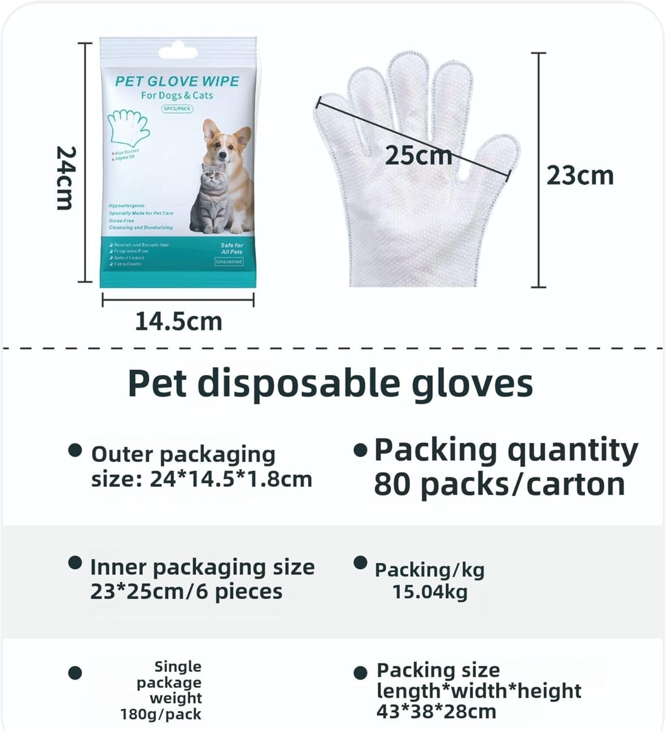 Disposable pet Cleaning Gloves Wet Wipes, Suitable for Daily Cleaning and Travel use. Two Packs of unscented Glove Wet Wipes (Green Packaging, 12 Pieces Each) + 1 Pack of Wet Wipes (as a Gift)