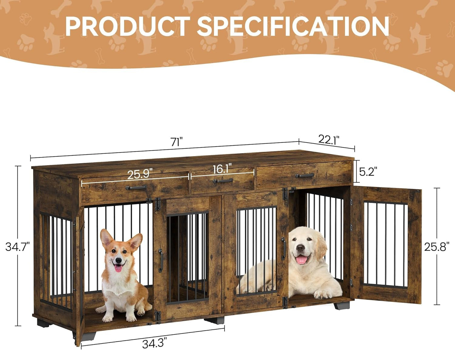 Dog Crate Furniture for 2 Dogs, 71" Large Double Dog Kennel with Removable Divider and 3 Drawers, Decorative TV Stand Side Table, Indoor Pet Cage House Rustic Brown