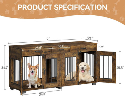 Dog Crate Furniture for 2 Dogs, 71" Large Double Dog Kennel with Removable Divider and 3 Drawers, Decorative TV Stand Side Table, Indoor Pet Cage House Rustic Brown