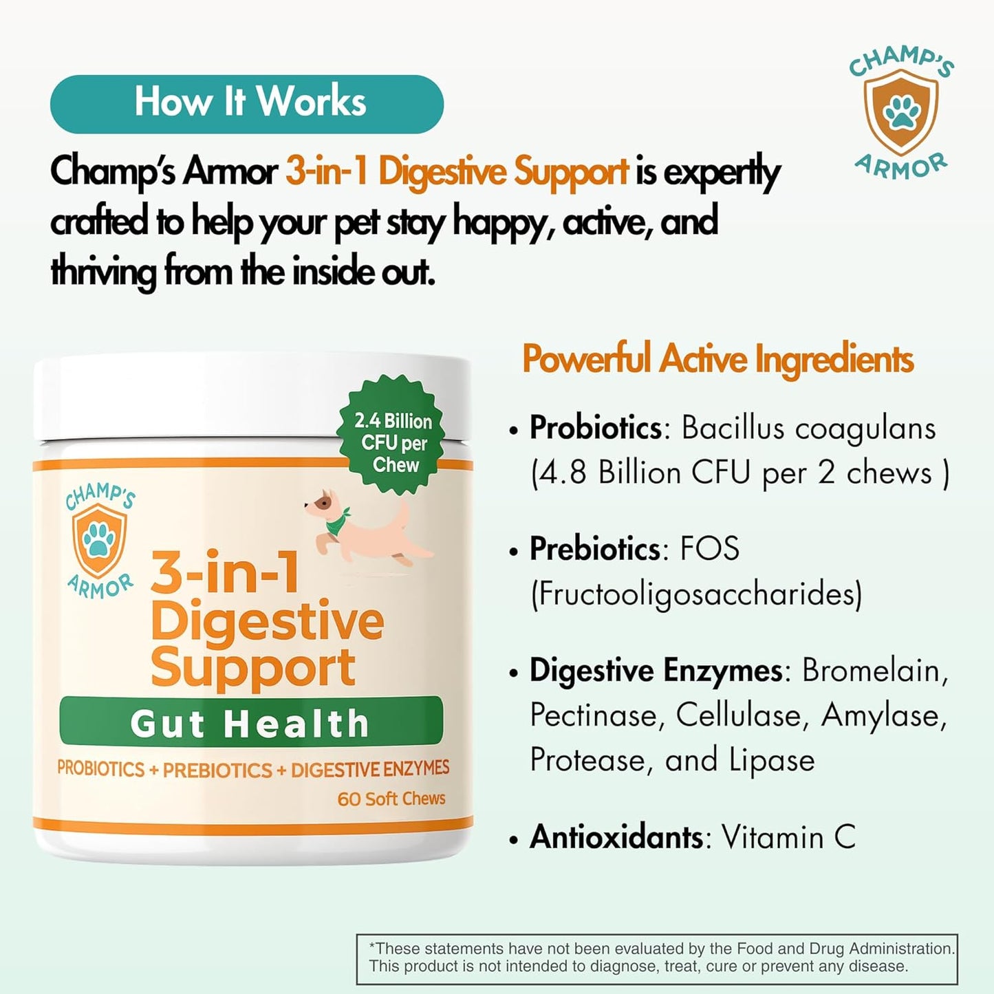 3-in-1 Digestive Support – Extra Strength Probiotics, Prebiotics & Digestive Enzymes for Dogs – Gut Health + Immunity + Diarrhea & Bowel Support – 2.4 Billion CFU – 60 Dog Chews