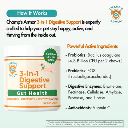 3-in-1 Digestive Support – Extra Strength Probiotics, Prebiotics & Digestive Enzymes for Dogs – Gut Health + Immunity + Diarrhea & Bowel Support – 2.4 Billion CFU – 60 Dog Chews