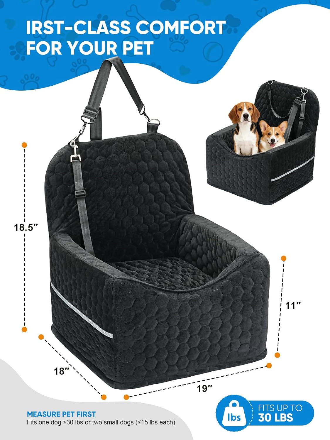 Dog Car Seat for Small/Medium Pets, Adjustable Booster Seat with Safety Leash, Washable Cover & Storage Pockets (Up to 35 lbs, Black)