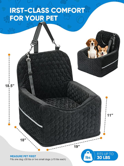 Dog Car Seat for Small/Medium Pets, Adjustable Booster Seat with Safety Leash, Washable Cover & Storage Pockets (Up to 35 lbs, Black)