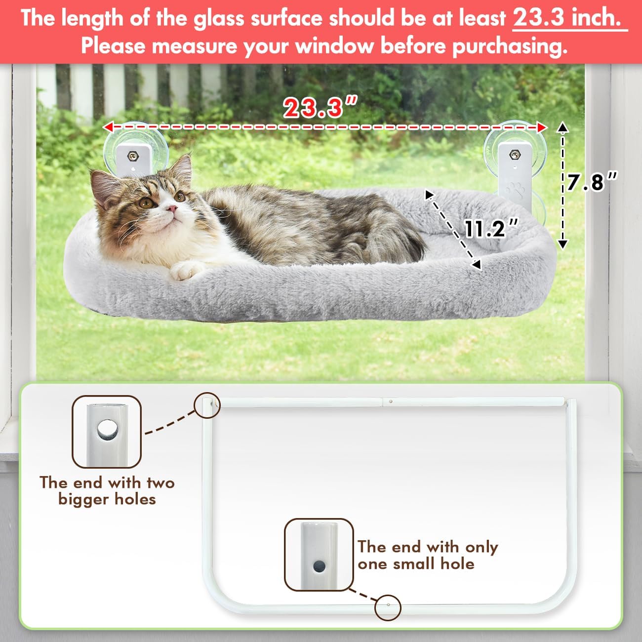 AMOSIJOY Cordless Cat Window Perch, Cat Hammock for Wall with 4 Strong Suction Cups, Solid Metal Frame and Two Replaceable Covers, Foldable Cat Beds for Indoor Cats (Large-Cushion Bed-Gray)