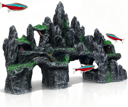 Large Fish Tank Decoration - Mountain View Aquarium Ornament Accessories with Tree House,Caves,Hideout,Hideaway,for 40 Gallon Fish Tank, Artificial Rock aquascaping Fish Tank Décor