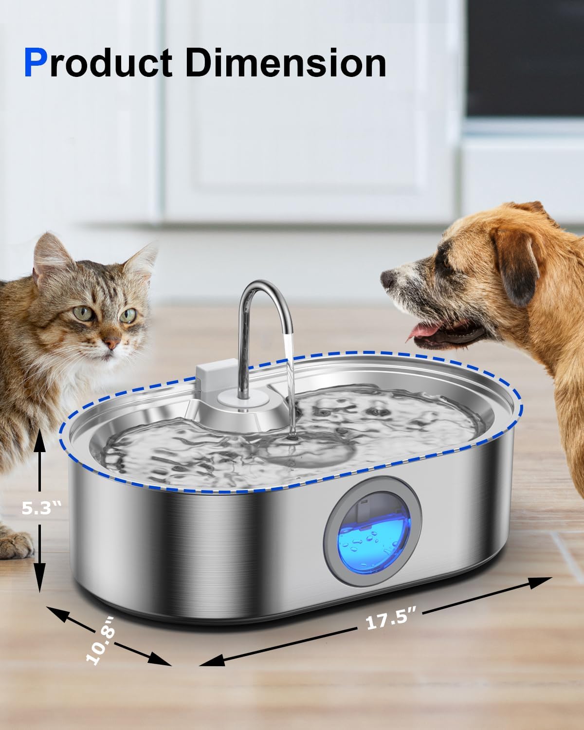 3.4Gal Dog Water Fountain for Large Dogs, 13L Stainless Steel Large Pet Fountain with Deeper & Wider Drinking Area, Automatic Dog Water Bowl Dispenser with Water Window & LED, Super Quiet