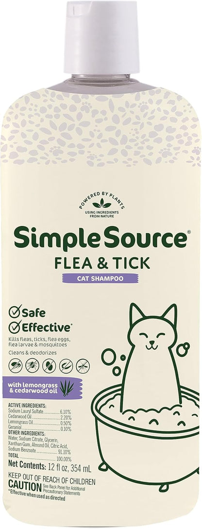 SimpleSource® Flea & Tick Shampoo for Cats, Powered by Plants, Kills Fleas, Flea Eggs, Flea Larvae, Ticks, & Mosquitos, Cleans & Deodorizes, 12oz Bottle