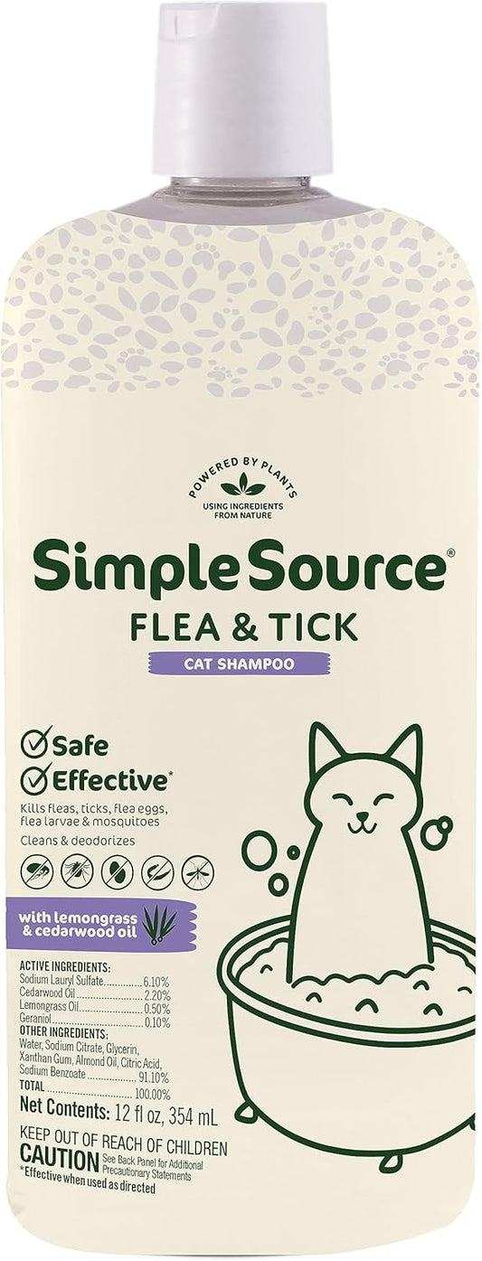 SimpleSource® Flea & Tick Shampoo for Cats, Powered by Plants, Kills Fleas, Flea Eggs, Flea Larvae, Ticks, & Mosquitos, Cleans & Deodorizes, 12oz Bottle