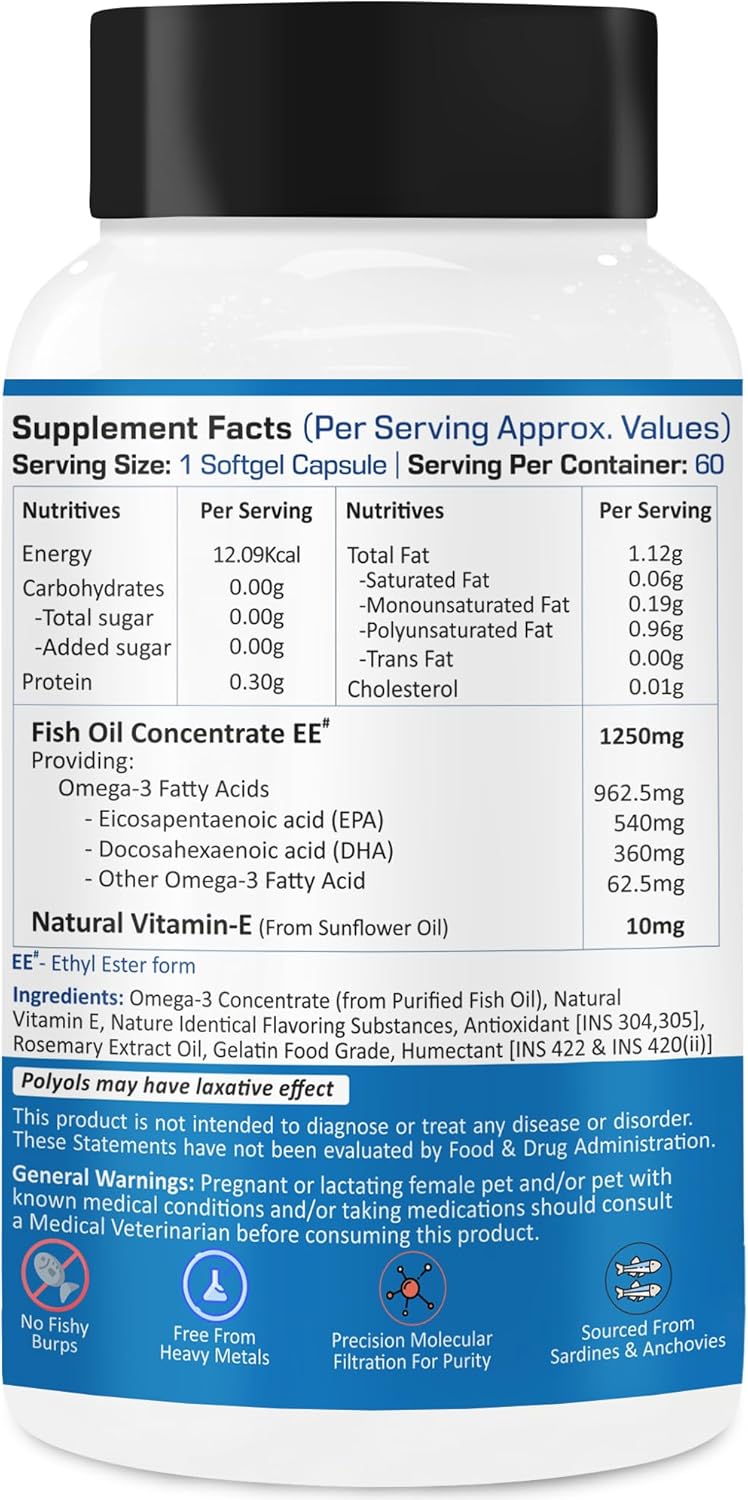 Omega - 3 Fish Oil Triple strenghth Softgel Capsules for Pets | for Allergy, Itch Relief - Supports Dry Skin, Joints - Dog and Cats Skin and Coat Supplement | 60 Softgel