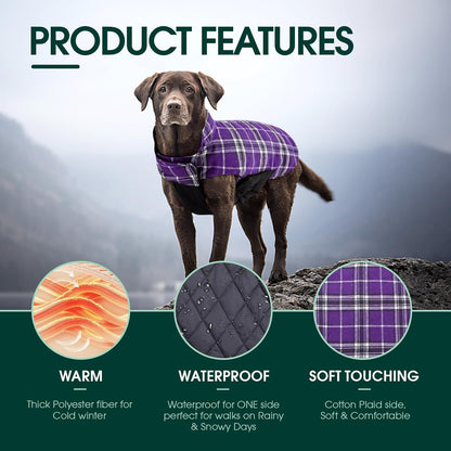 Kuoser Waterproof Dog Coat, Reversible Dog Jacket for Medium Dogs, Adjustable Durable Doggie Winter Coat Warm Puppy Cold Weather Apparel from Small to Large Breed, Purple M