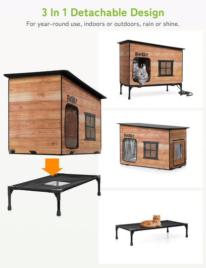 Heated Cat House for Outside: Apartment Design 31.5" Waterproof & Insulated Outdoor Cat House for Winter, Weatherproof Elevated Feral Cat Shelter with Heating Pad, Warm Houses for Outdoor Cats Stray