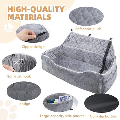 Large Dog Car Seat for 2 Medium Dogs Under 100 lbs, Washable Dog Bed, Detachable Pet Booster with Storage Pockets and Leashes for Back Seat, Fully Detachable and Washable with Thick Cushion