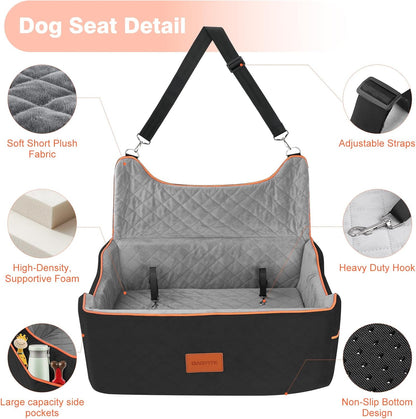 Dog Car Seat for Large or Medium Sized Dog, Detachable Washable Pet Car Seat, Fits Pets Under 55 lbs or 2 Small Dogs, Multi-Functional Dog Booster Seat, Travel Dog Bed for Car, Black&Grey