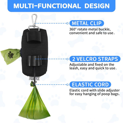 Dog Poop Bag Holder for Leashes, Puppy Treat Pouch Carrier with 2 Zipper Pockets and Clip for Pets Doggy Training, Dog Waste Bag Dispenser with 1 Roll Poop Bags for Walking Accessories (Black)