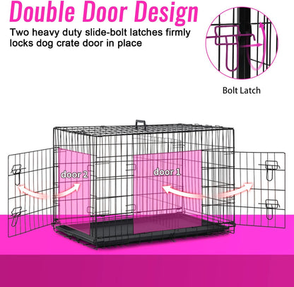 FDW Dog Crate for Large Dogs 48 Inch Folding Metal WirePet Cage Double Door W/Divider Panel Indoor Outdoor Kennel Leak-Proof Plastic Tray,Black
