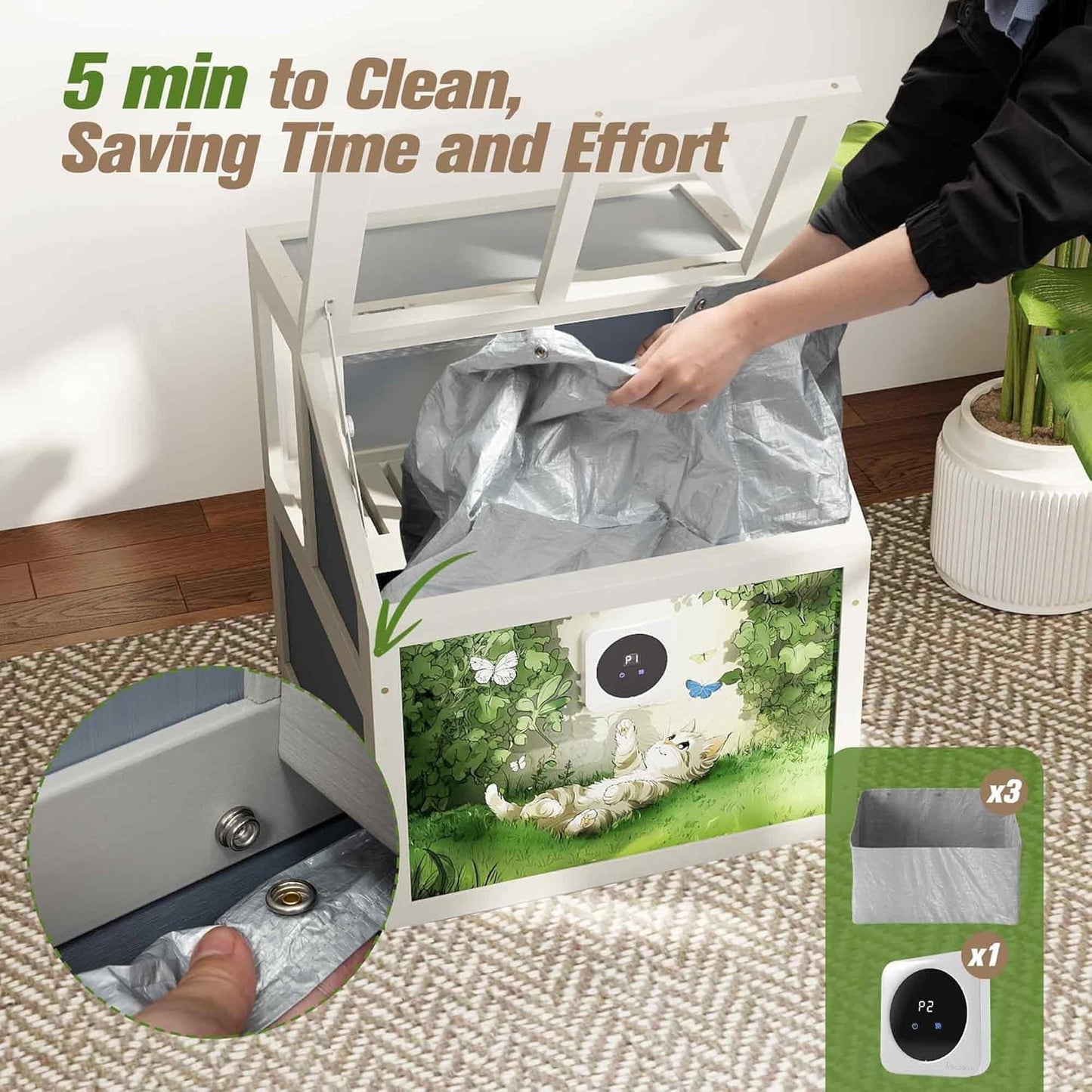 2-Tier Wooden Cat Litter Box Enclosure, Cat Toilet with Air Purifier, Openable Top, Litter Bags, Scoop, Low-Tracking, Odor Control, Kitty Litter House Cabinet Furniture, Gray