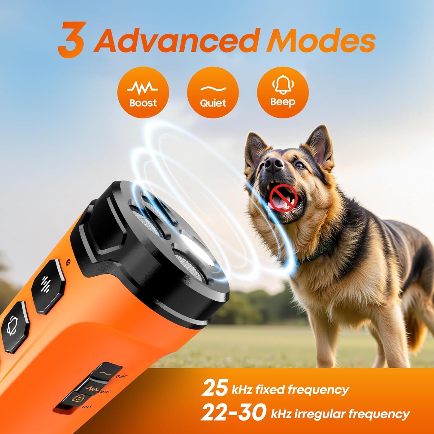 Dog Bark Deterrent Device, 3X Sonic Emitters, Dual-Frequency Bark Control, Flashlight & Sound Modes, Humane No-Bark Trainer, Safety Lock, USB-C Rechargeable (Orange)