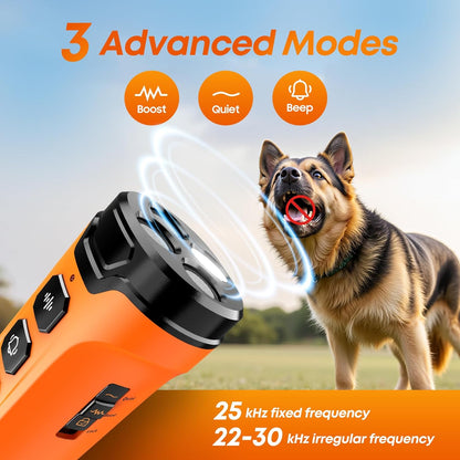 Dog Bark Deterrent Device, 3X Sonic Emitters, Dual-Frequency Bark Control, Flashlight & Sound Modes, Humane No-Bark Trainer, Safety Lock, USB-C Rechargeable (Orange)