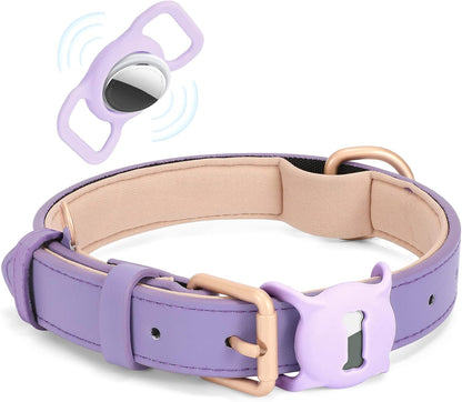 Airtag Leather Dog Collar for Small Medium Large Dog Adjustable Soft Padded Air Tag Puppy Collar Heavy Duty Metal Buckle Collar with Anti-Lost Airtag Holder Protective Case,XS,Purple