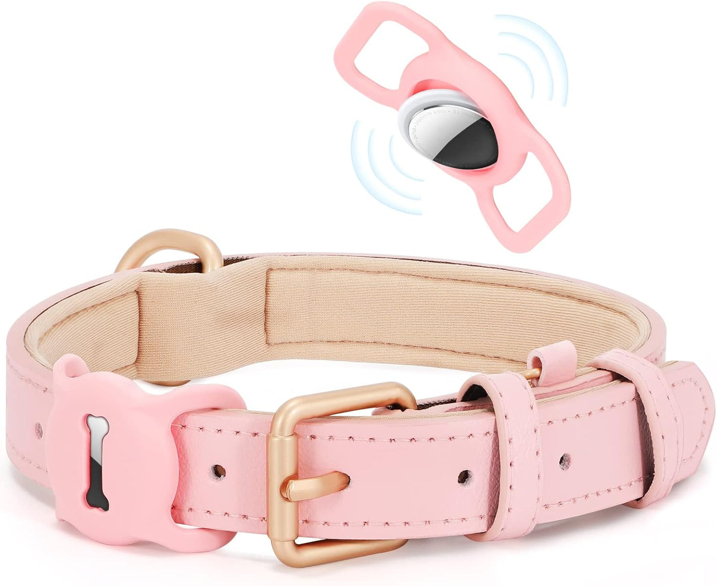 WHIPPY Airtag Leather Dog Collar GPS Tracker Air Tag Puppy Collar Adjustable Soft Leather Padded Dog Collar with Airtag Holder Case for Small Medium Large Dog Pet Backpack,Pink,S