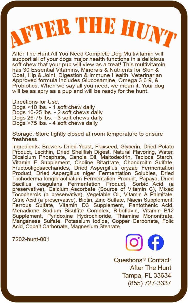 After The Hunt All You Need Complete Dog Multivitamin - Daily Vitamins for Skin & Coat Hip & Joint Digestion & Immune System - Glucosamine Omega 3 6 9 & Probiotics - 120 ct