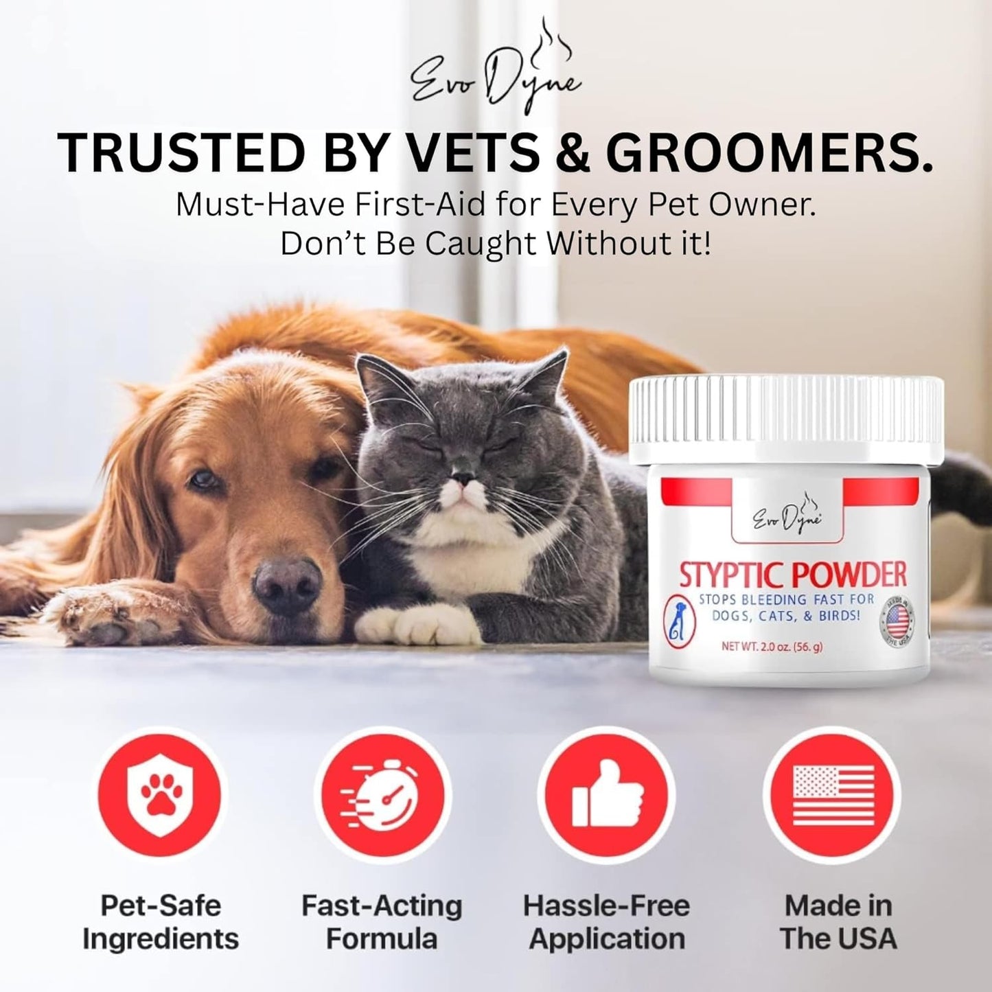 Styptic Powder for Dogs, Cats, and Birds (2 oz) by Evo Dyne | Fast-Acting Blood Stop for Pets | Quick Stop Bleeding Powder for Dog Nail Clipping, Grooming, Cuts and More (1-Pack)