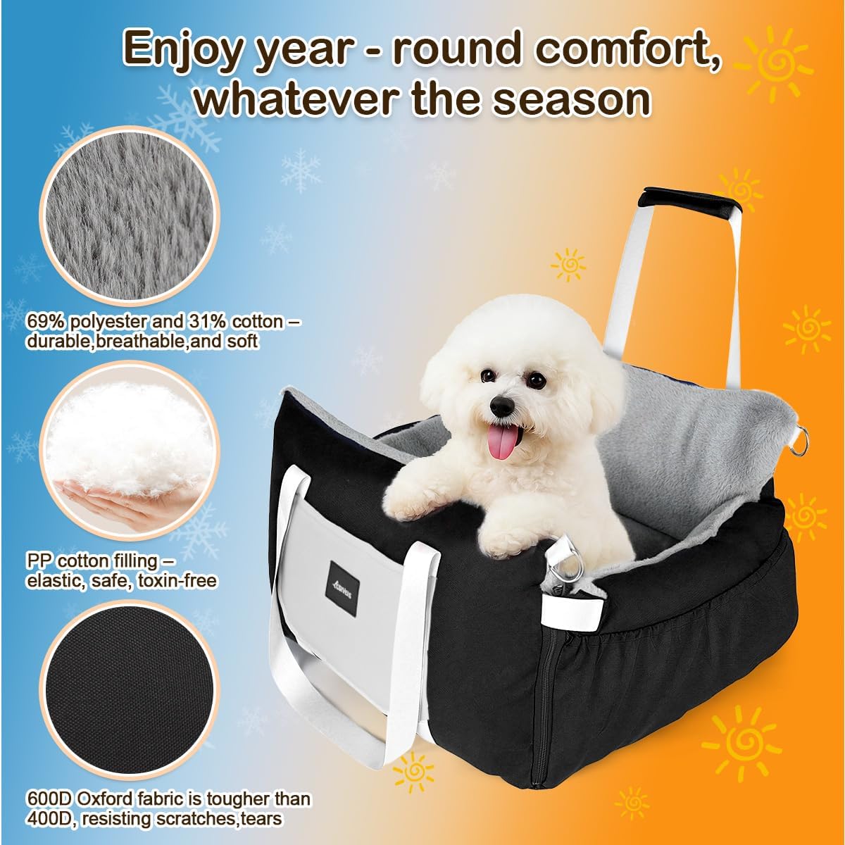 Dog Car Seat for Small Dogs with Extension Zone, Washable Car Travel Bed for Pets Up to 30Lbs, Trendy Booster Dog Seat Including Harness Clip - Black