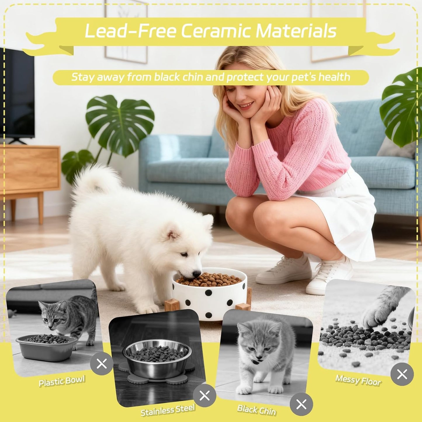 28.74 OZ Elevated Ceramic Dog Bowl Set with Acacia Wood Stand - 3.6 Cup Cat Food Bowl Raised Pet Dish Modern Indoor Water Basic Bowls for Puppies - 850 ML (Single Bowl with Stand)