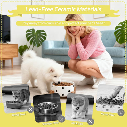 28.74 OZ Elevated Ceramic Dog Bowl Set with Acacia Wood Stand - 3.6 Cup Cat Food Bowl Raised Pet Dish Modern Indoor Water Basic Bowls for Puppies - 850 ML (Single Bowl with Stand)