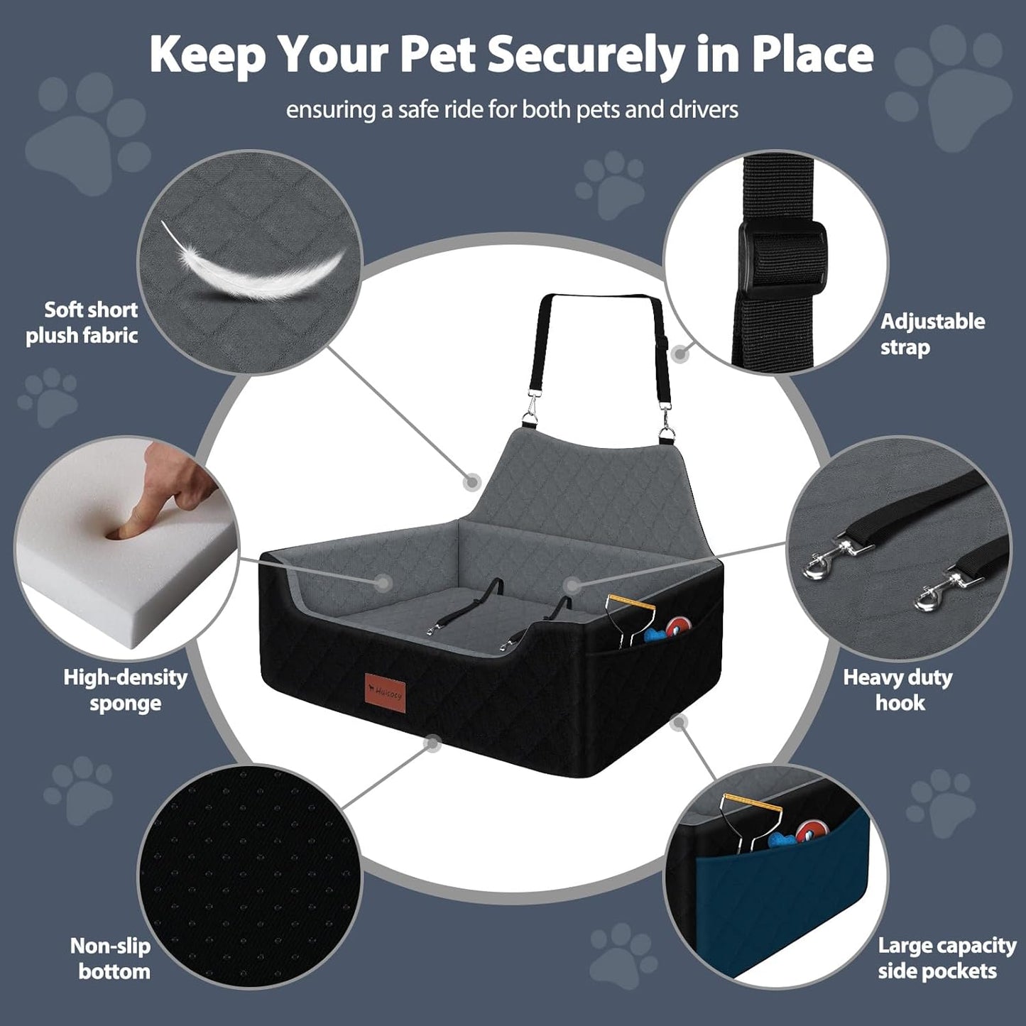 Dog Car Seat for Medium Large Dogs Under 55lbs, Detachable and Washable Dog Booster Seats with Thick Cushion, Pet Travel Bed for Car with Storage Pockets and 2 Safety Belts