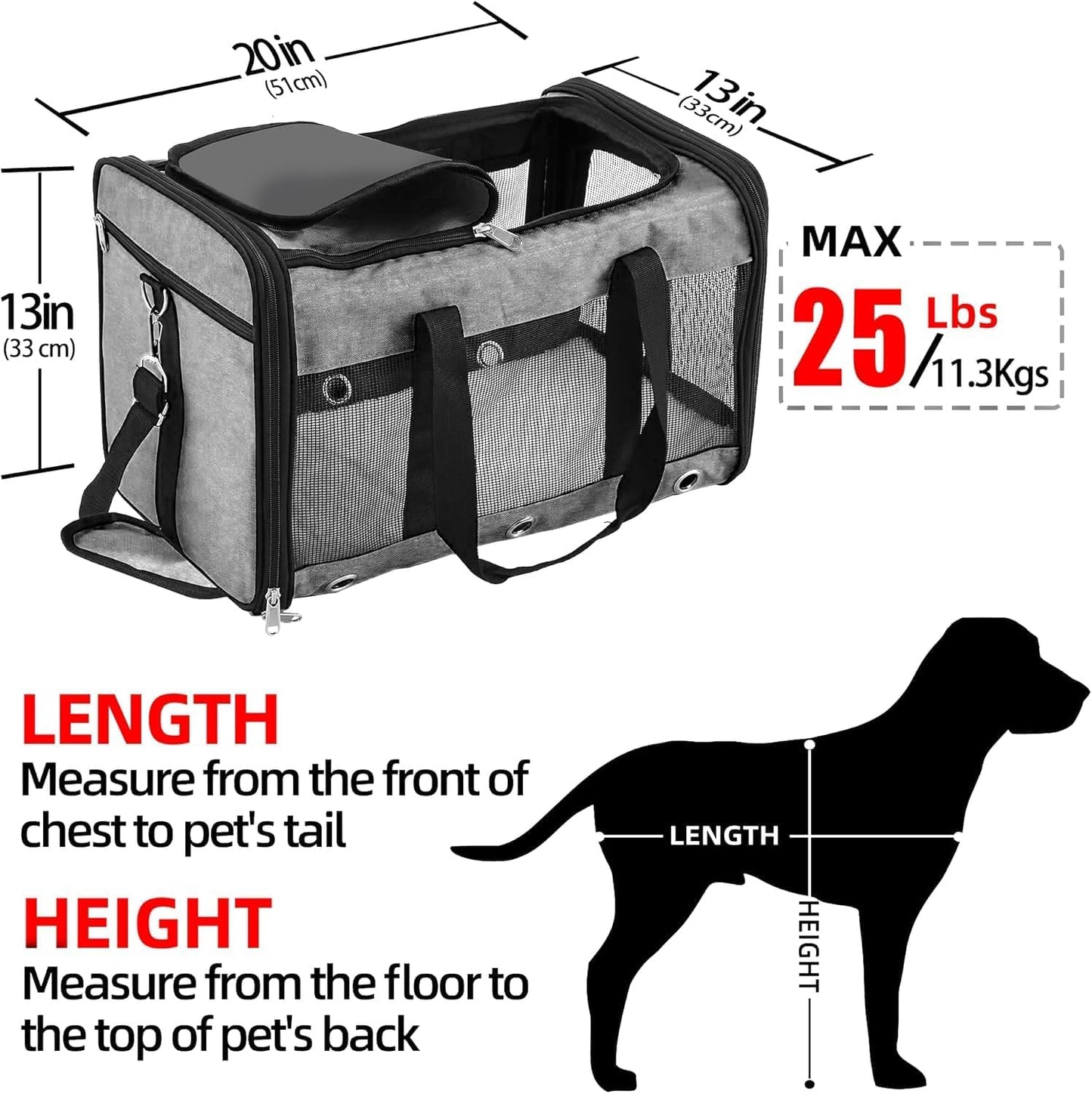 Soft Sided Cat/Dog Carrier，Collapsible Mesh Pets Travel Carriers for Pet/Puppy with Shoulder Strap & Removable Mat，Top Load Small Dogs/Cats Carry Bag Up to 25 Lbs（Grey - L）