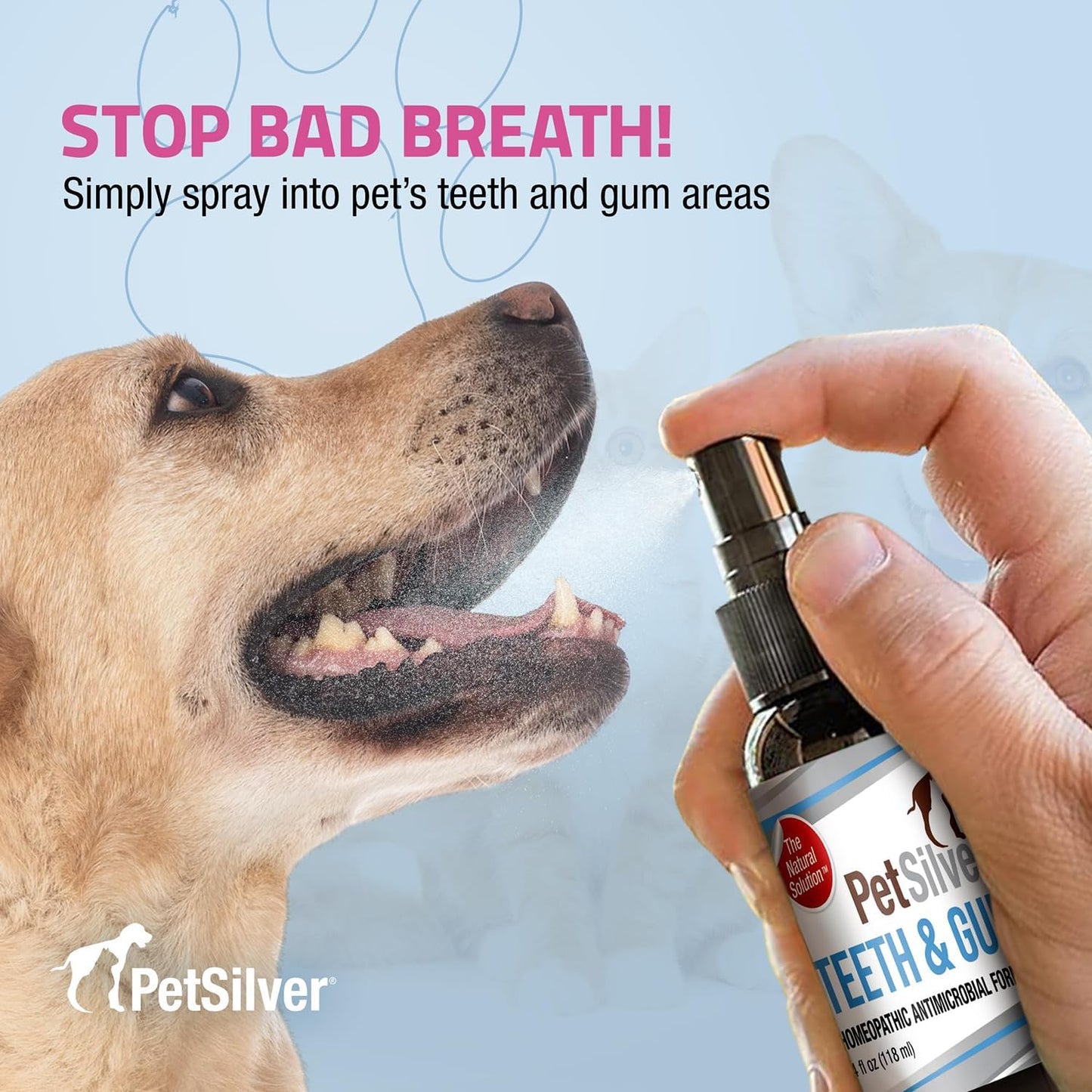 PetSilver Teeth & Gum Spray - Dog Dental & Teeth Cleaning Spray for Plaque & Tartar Build-Up Reduction - Natural Breath Freshener for Dogs and Cats - Patented Chelated Silver - Made in The USA - 4 oz