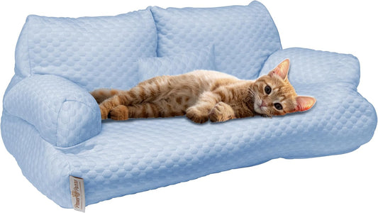 Paws & Purrs Cooling Pet Sofa Bed for Small Dogs or Cats, Breathable Fabric, Supportive Bolsters, Removable Washable Cover, Non-Slip Base, Sofa Pet Lounger Includes Mini Play Cushion, Blue