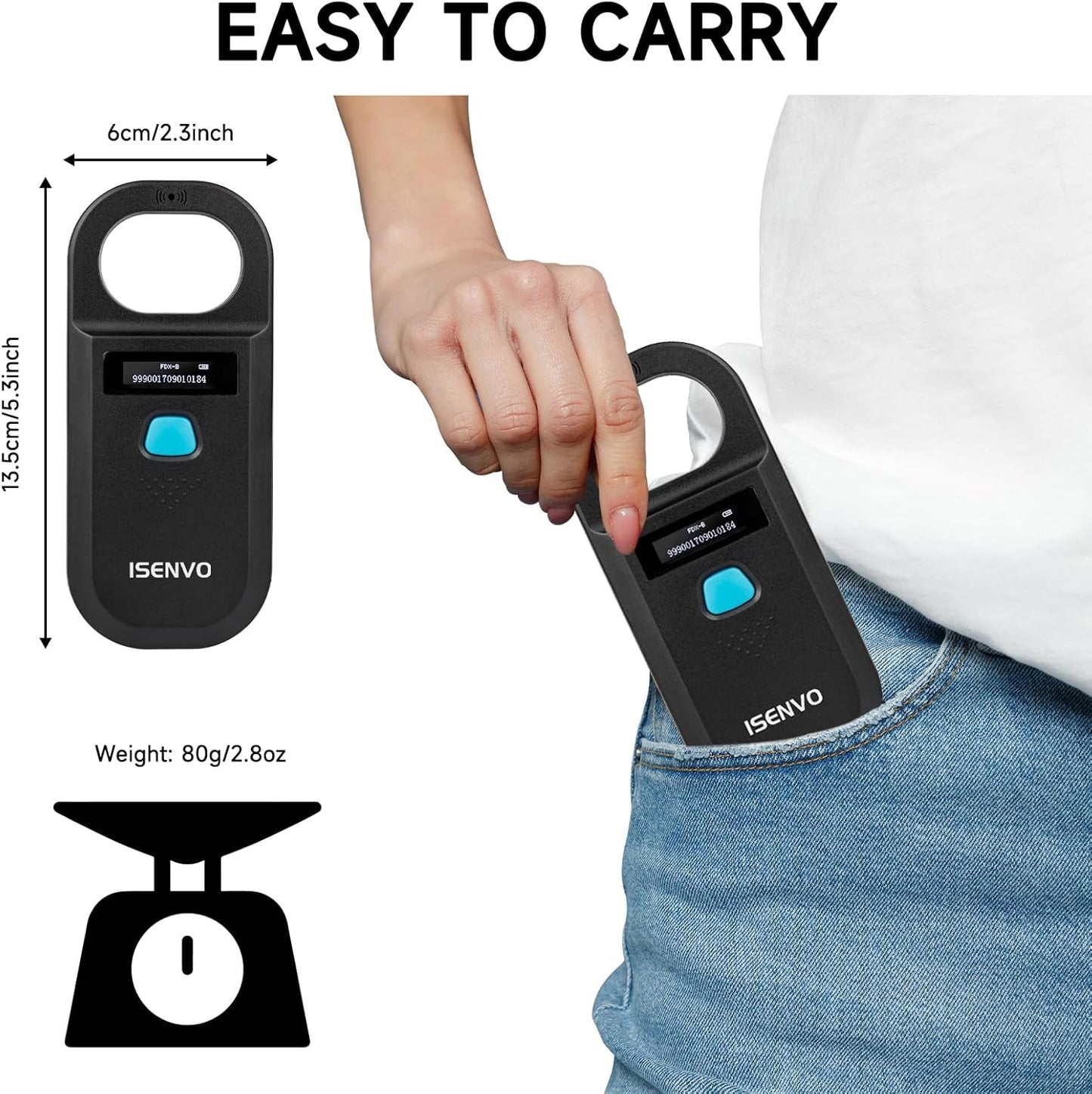 Pet Microchip Scanner Rechargeable RFID EMID Micro Chip Reader Scanner 134.2kHz 125kHz 15 Digits Pet Chip ID Scanner for Animal/Pets/Pigs/Dogs/Cats (190A)