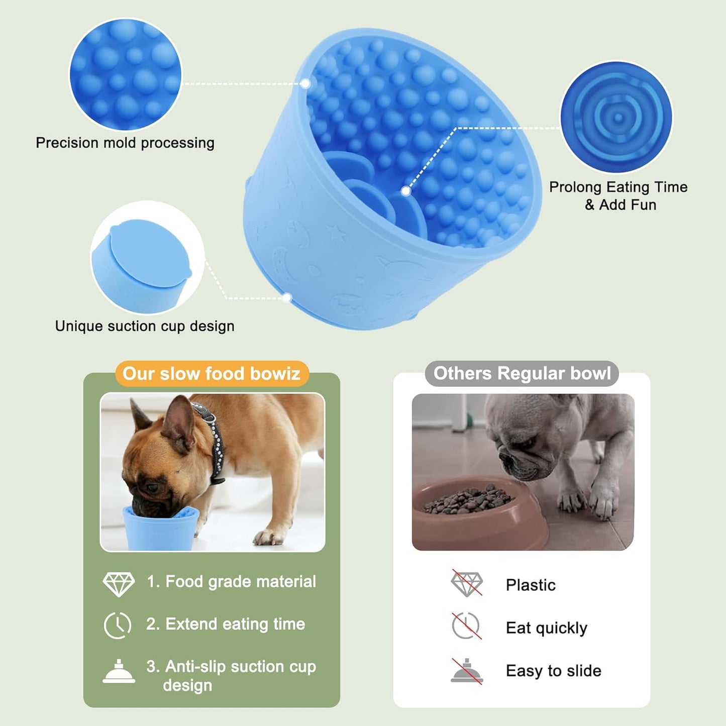 Slow Feeder Dog Bowls, Silicone Dog Lick Bowl with Brush & Scraper, Non-Slip Base Slow Feeder for Anxiety Alleviating & Oral Health, Lake Blue