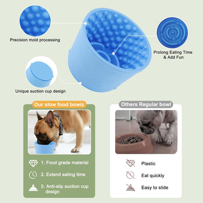 Slow Feeder Dog Bowls, Silicone Dog Lick Bowl with Brush & Scraper, Non-Slip Base Slow Feeder for Anxiety Alleviating & Oral Health, Lake Blue