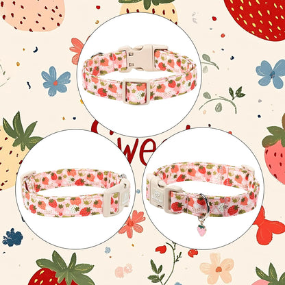 Strawberry Dog Collar for Medium Dogs - Sweet Girl Dog Collars for Spring Summer, Cute Pastel Pink & Floral Fruit Print, Adjustable Puppy Collar with Quick-Release Buckle M