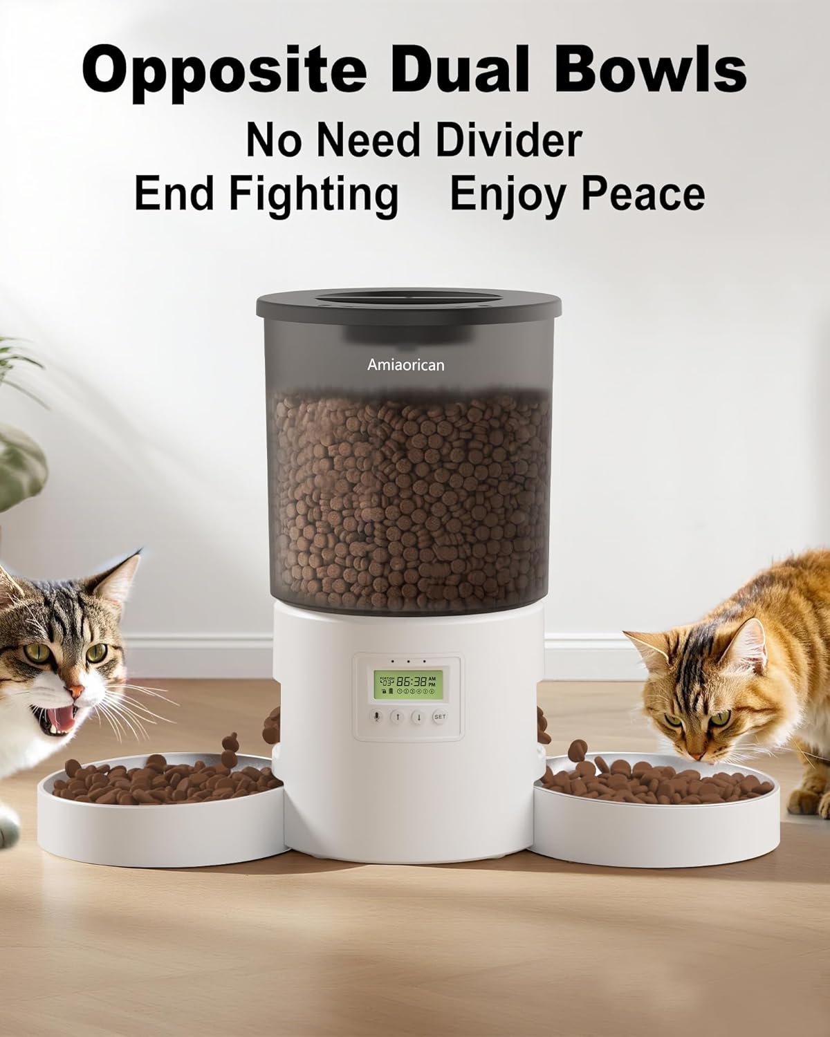 Automatic Cat Feeder for 2 Cats,4.2L Programmable 1-6 Meals Control Cat Food Dispenser,Dual Power Supply,10S Voice Record (Transparent White, Stainless Steel 2 Bowls)
