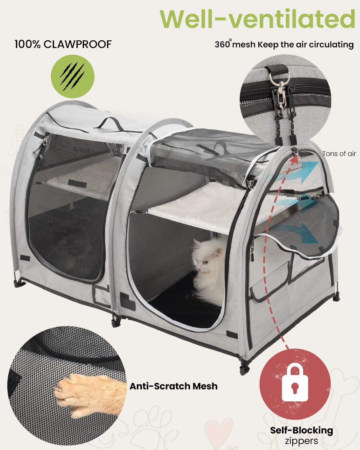 Portable Twin Compartment Show House Cat Cage Condo,Comfy Puppy Home Dog Travel Crate with Carry Bag,2 Hammocks and Mats & Collapsible Litter Box and Water Bottle