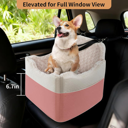 Dog Car Seat for Small Medium Dogs - 6.7inch Elevated Dog Booster Car Seats with Deluxe Rose Plush, Washable Travel Safety Pet Carseat Bed with 2 Safety Belts and Storage Pockets(Beige)