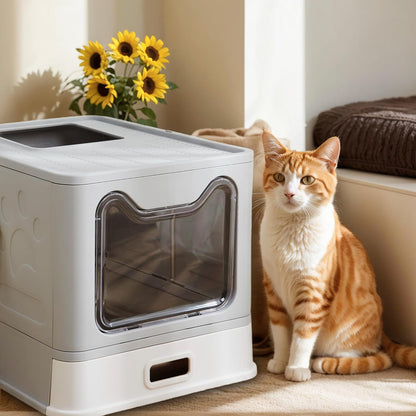 Stainless Steel Litter Box, Foldable Enclosed Cat Litter Box with Lid, Large Top Exit Design with Pull-Out Drawer & Scoop, Easy Clean Odor Control -Light Grey