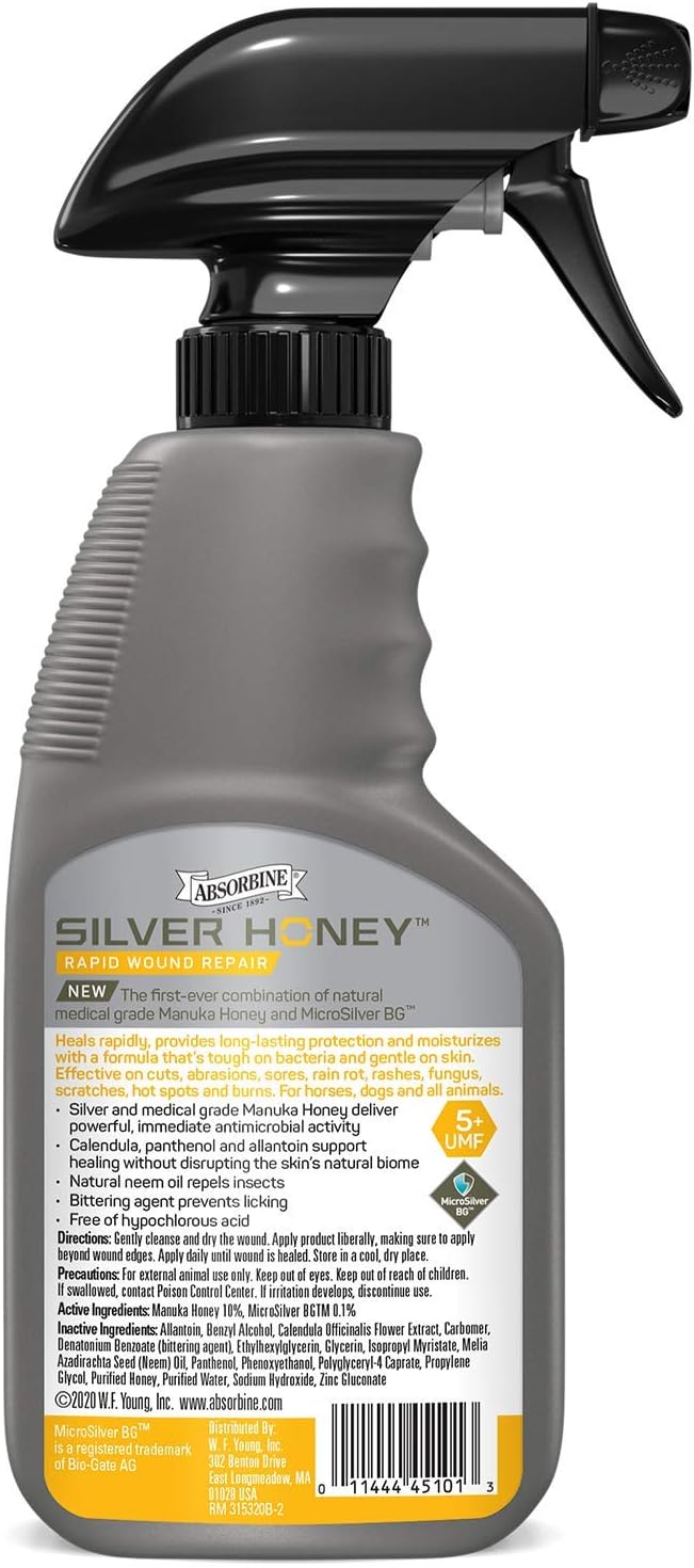 Absorbine Silver Honey Rapid Wound Repair Spray Gel for Horses & Large Animals, 8oz Bottle