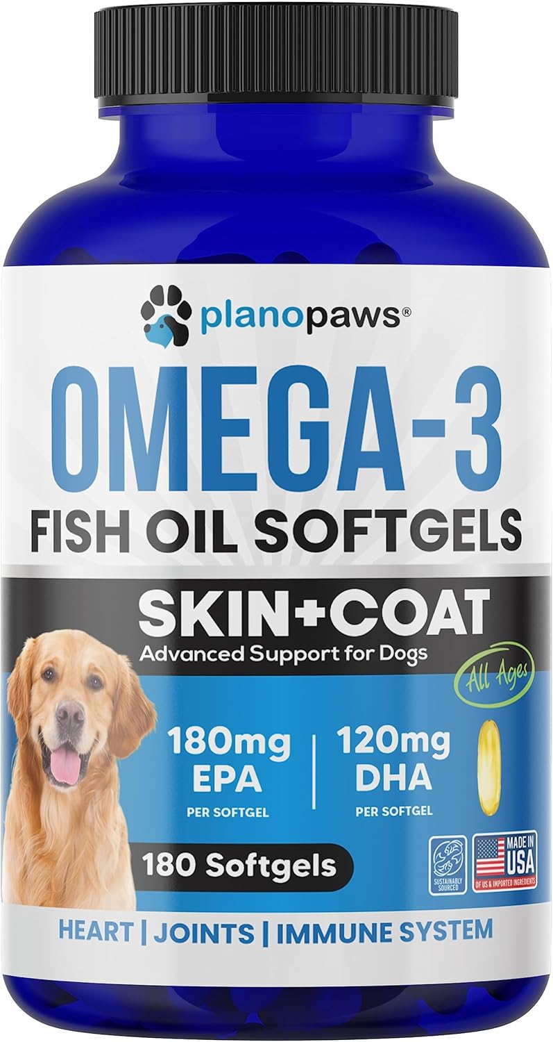 Omega 3 Fish Oil for Dogs Capsules - Salmon Oil for Dogs - Dog Fish Oil Supplement May Help Shedding, Allergy, Itching - Support Dry Skin, Joints - Dog Skin and Coat Supplement - 180 Fish Oil Pills